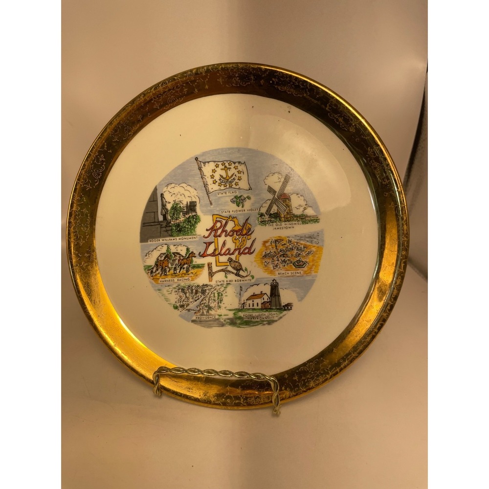Vintage 1950's Rhode Island Gold Rimmed Decorative Souvenir Plate Plus Hanger